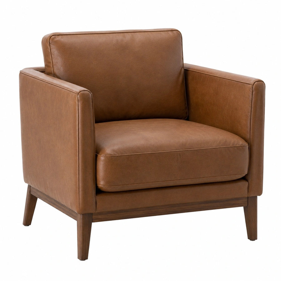 Fauteuil Tornavik marron en revêtement aspect cuir avec pieds en bois, style contemporain, dimensions 85x86x86 cm.