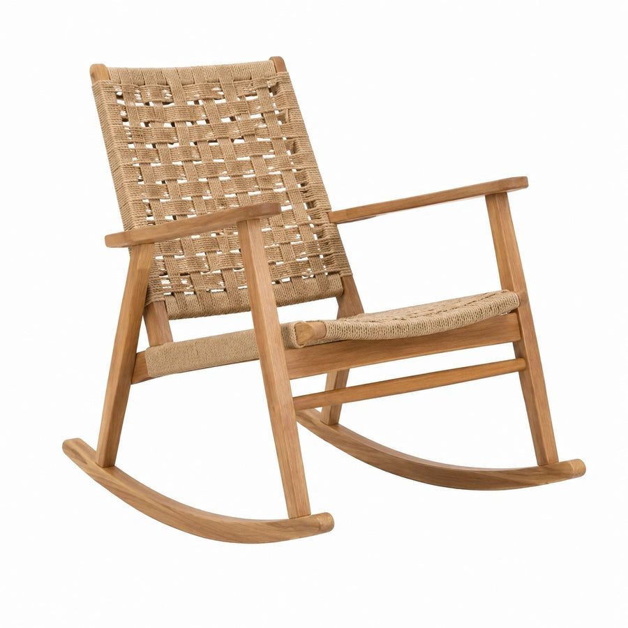 Fauteuil à bascule Tornavik en bois avec corde tressée naturelle, style bohème, dimensions 100x65x90 cm, pour intérieur ou extérieur.