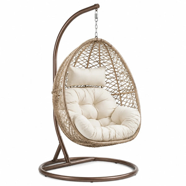 Fauteuil suspendu en rotin beige avec support en métal brun, style bohème, dimensions 105x105x195 cm, par Tornavik.