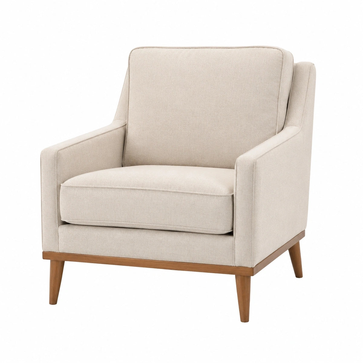 Fauteuil en tissu beige Tornavik avec pieds en bois, style contemporain, dimensions 76x82x92 cm, assise confortable.