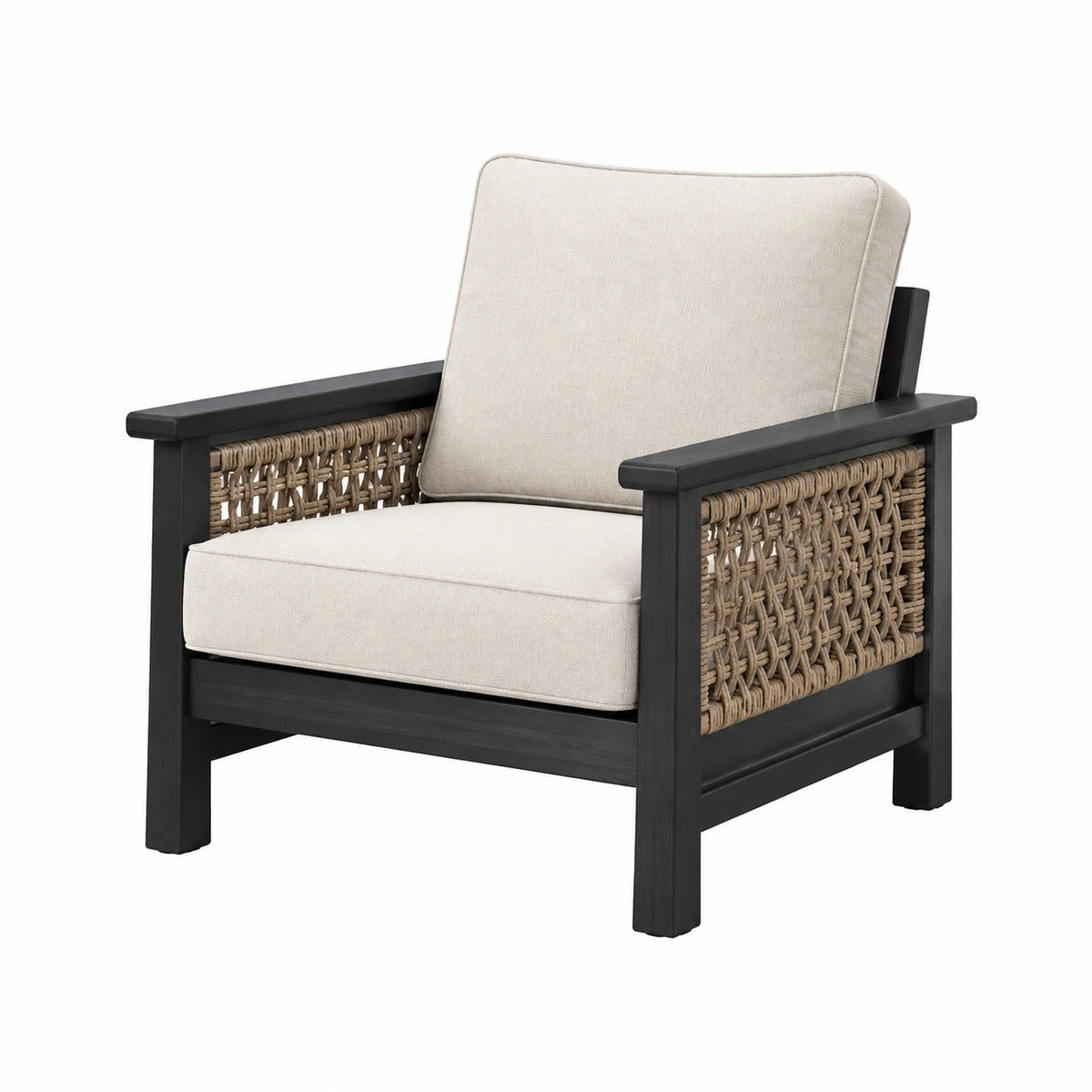 Fauteuil Tornavik en bois noir et corde tressée avec assise en tissu beige, style naturel, dimensions 75x80x85 cm.