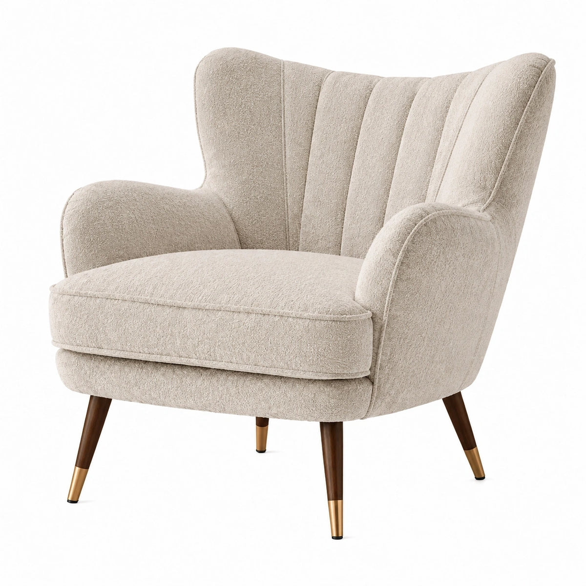 Fauteuil en tissu bouclé beige Tornavik, style rétro avec accoudoirs, dimensions 80x85x100 cm, design confortable et élégant.