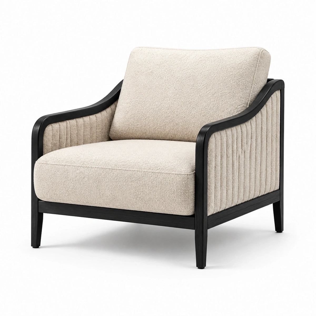Fauteuil contemporain en tissu bouclette beige avec structure en bois noir, dimensions 78x82x86 cm, par Tornavik.