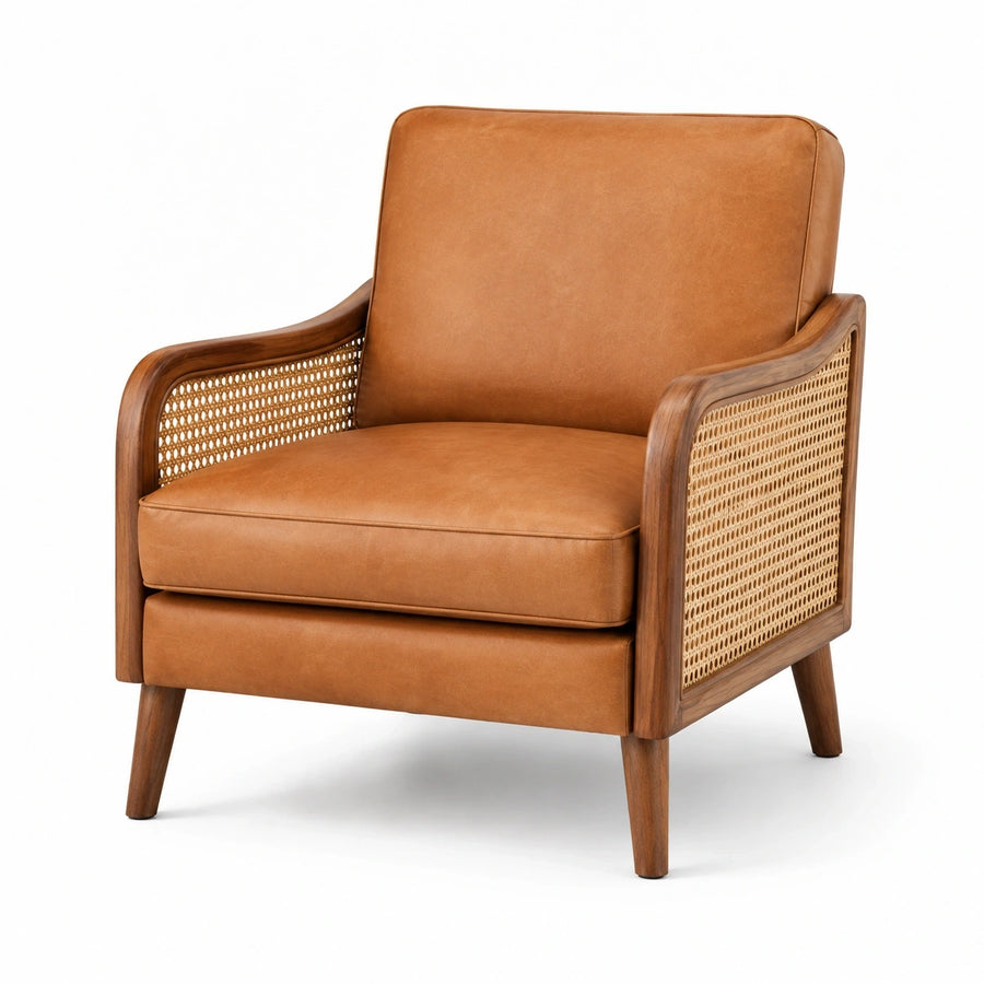Fauteuil rétro en bois avec cannage et revêtement effet cuir marron, dimensions 75x80x85 cm, par Tornavik.
