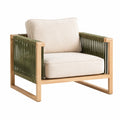 Fauteuil de jardin Tornavik en bois beige avec corde tressée verte et assise rembourrée, dimensions 78 x 76 x 77 cm.