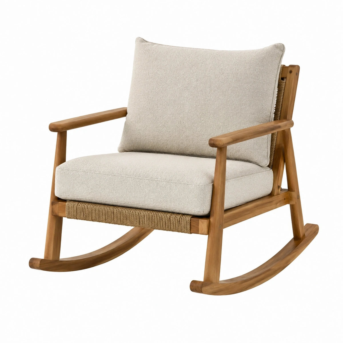 Fauteuil à bascule Tornavik en bois et tissu bouclette beige, style naturel, dimensions 70x90x92 cm.