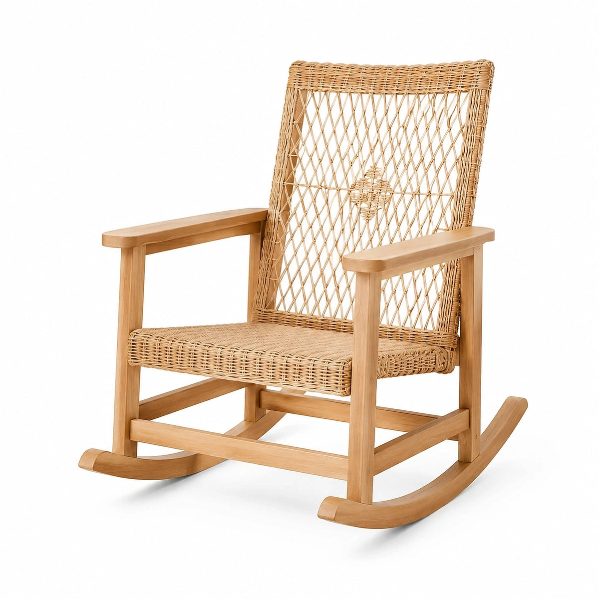 Fauteuil à bascule en bois et rotin naturel, style bohème, dimensions 70x100x110 cm, par Tornavik.