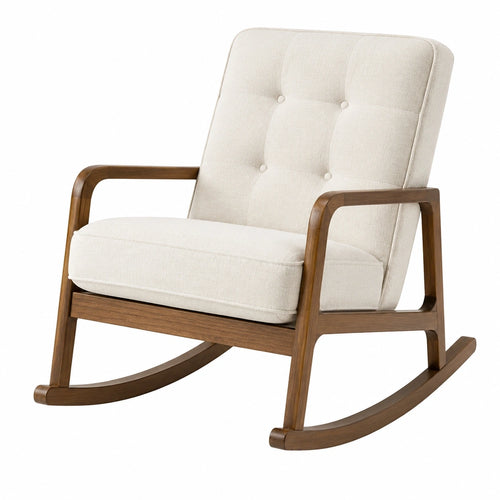 Fauteuil à bascule Tornavik en bois marron et tissu crème, style rétro, dimensions 68x92x100 cm, confortable et élégant.
