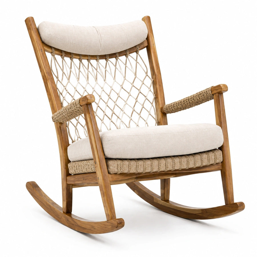 Fauteuil à bascule en bois marron et corde beige, style bohème, dimensions 70x90x100 cm, par Tornavik.