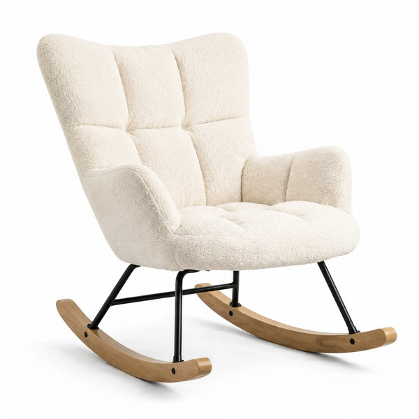 Fauteuil à bascule en tissu bouclette écru de style scandinave, dimensions 75x90x104 cm, design moderne et confortable.