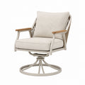 Fauteuil pivotant Tornavik en métal beige avec corde tressée, accoudoirs en bois, dimensions 76x79x98 cm, style moderne.