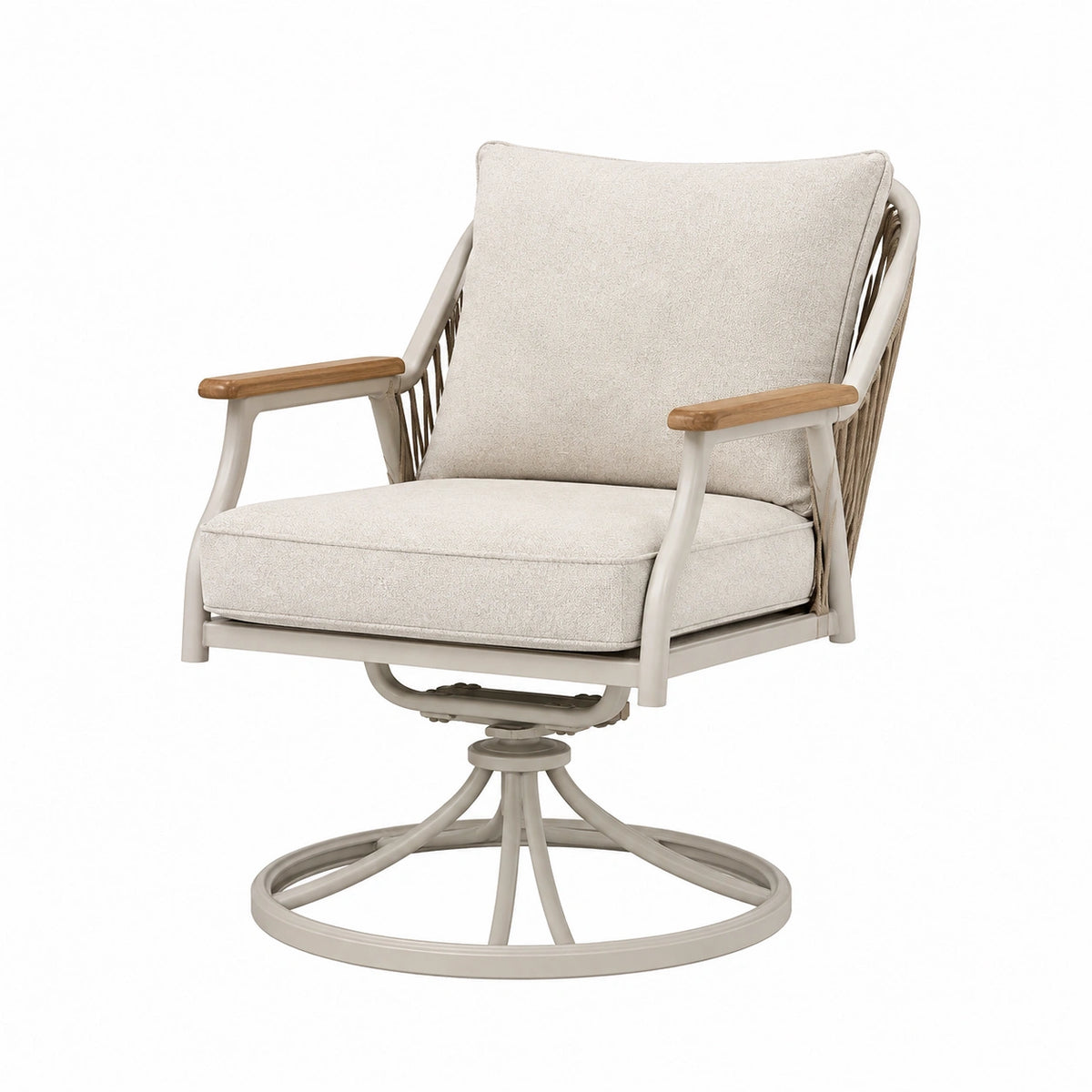 Fauteuil pivotant Tornavik en métal beige avec corde tressée, accoudoirs en bois, dimensions 76x79x98 cm, style moderne.