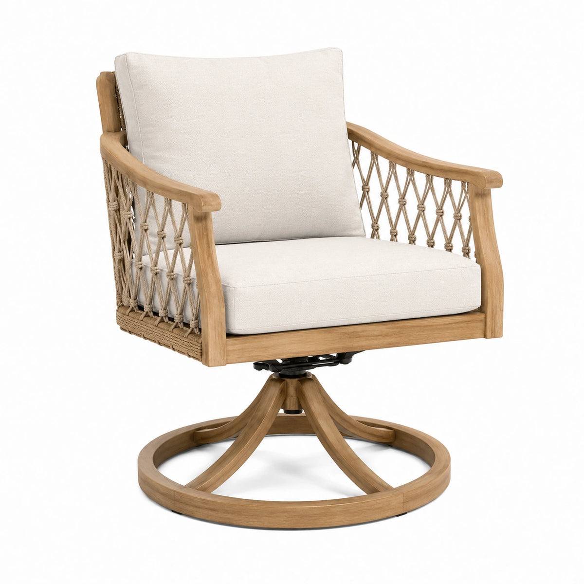 Fauteuil pivotant Tornavik en bois naturel et corde beige, dimensions 80x78x88 cm, pour jardin ou terrasse.