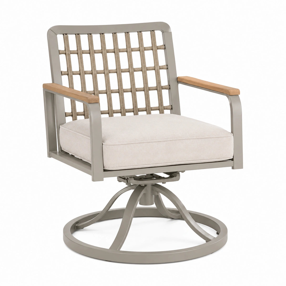 Fauteuil de jardin pivotant Tornavik en aluminium et corde beige, dimensions 80x76x91 cm, pour extérieur.