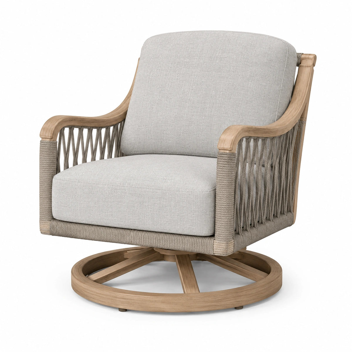 Fauteuil pivotant Tornavik en bois, corde et tissu beige, dimensions 78 x 82 x 92 cm, design moderne et confortable.