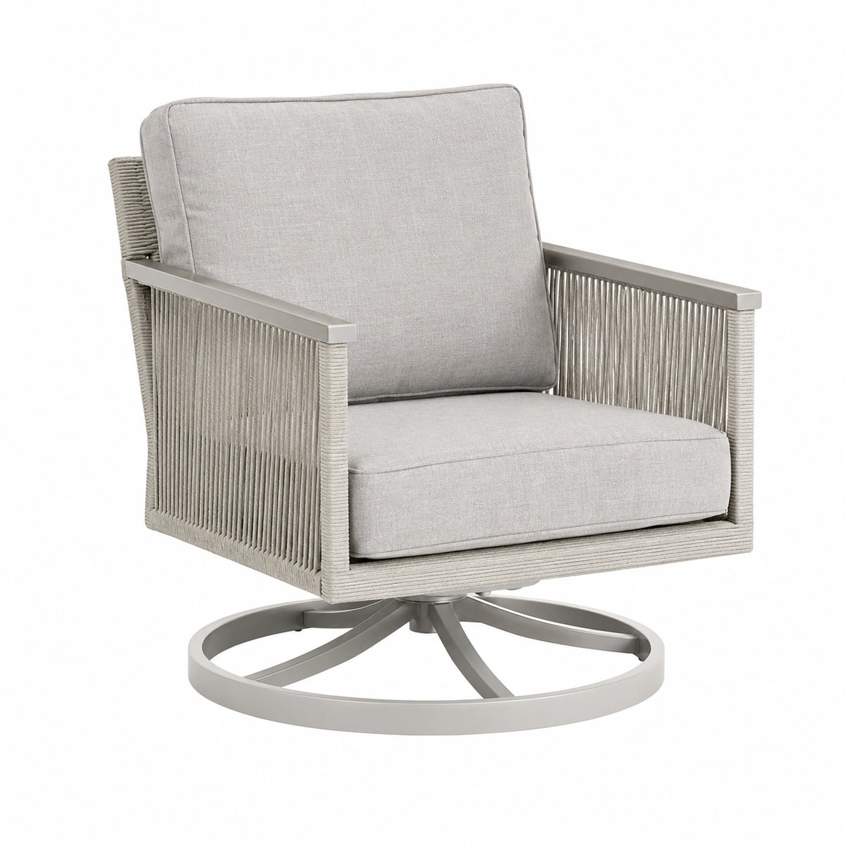 Fauteuil de jardin pivotant en aluminium et corde tressée gris, dimensions 75x85x90 cm, par Tornavik.