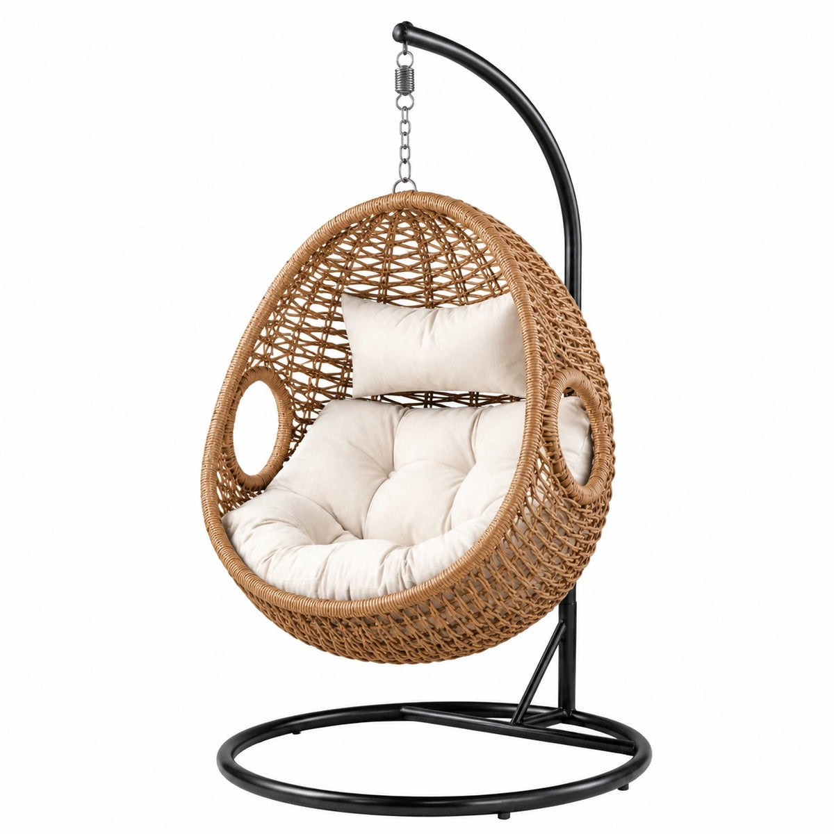 Fauteuil suspendu Tornavik en fibres tressées naturelles avec structure en métal noir, style bohème pour intérieur ou extérieur couvert.