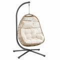 Fauteuil suspendu Tornavik en fibres tressées beige avec support métallique noir, dimensions 105x105x195 cm, pour intérieur ou extérieur
