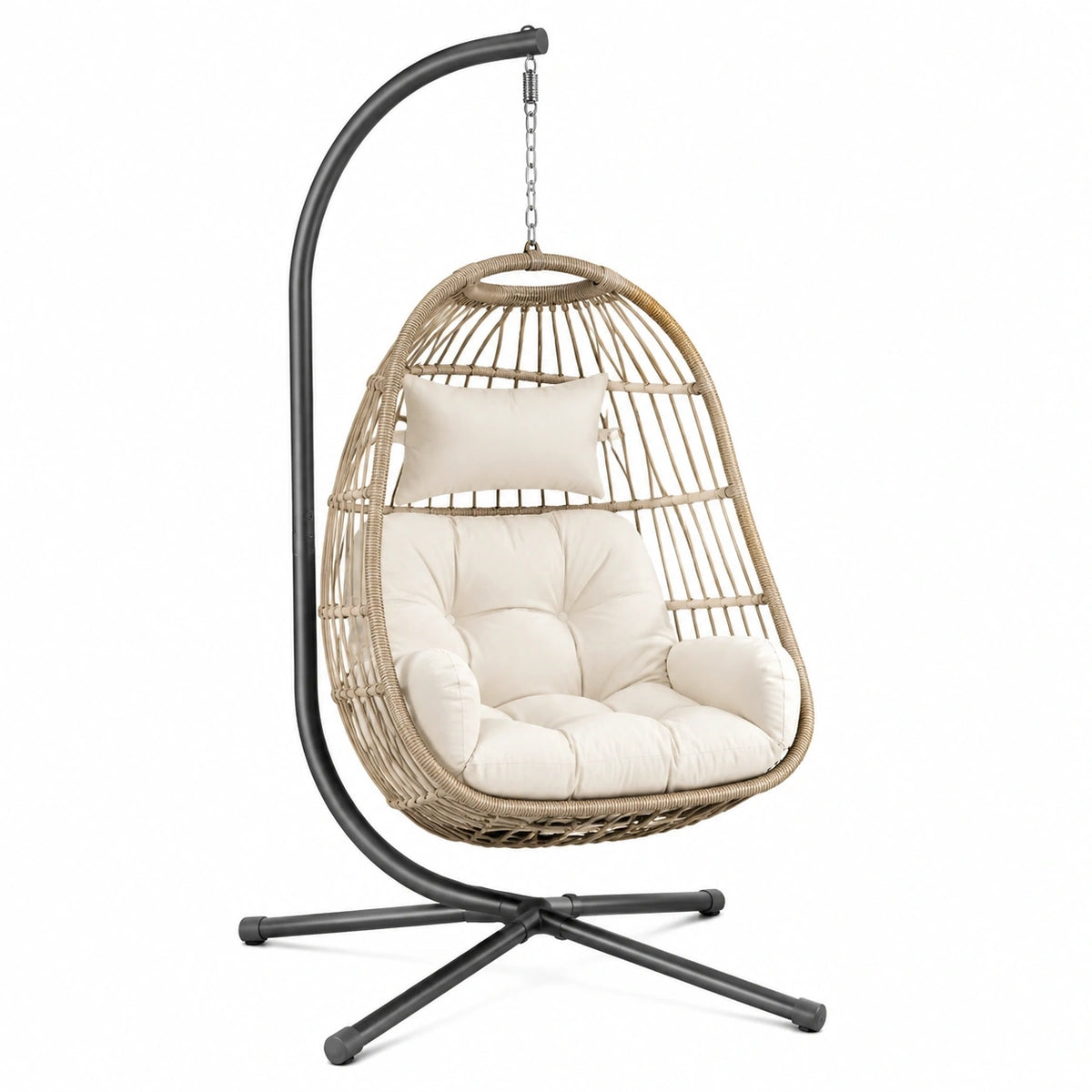 Fauteuil suspendu Tornavik en fibres tressées beige avec support métallique noir, dimensions 105x105x195 cm, pour intérieur ou extérieur