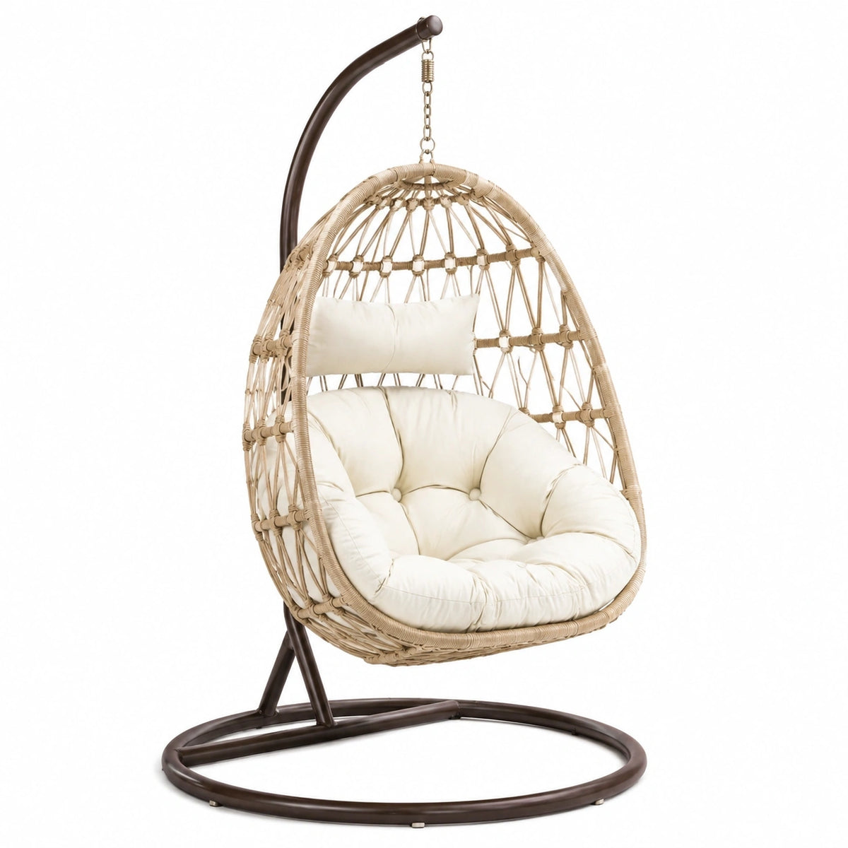 Fauteuil suspendu en rotin beige avec support en métal marron, style bohème, dimensions 105x105x195 cm, par Tornavik.