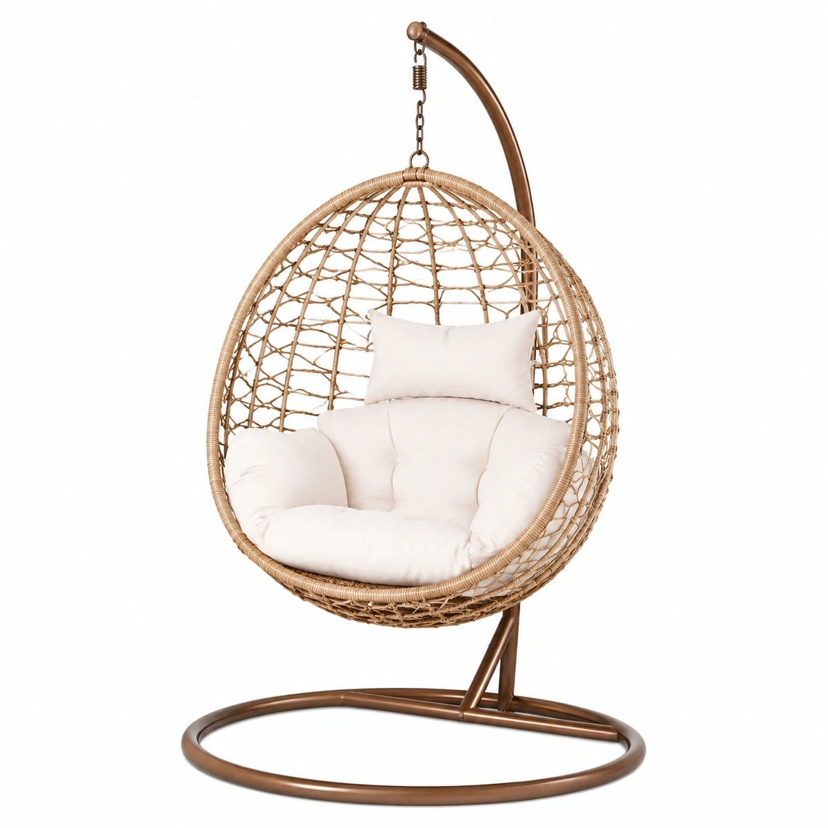 Fauteuil suspendu en fibres tressées beige avec cadre en métal marron, style bohème, dimensions 105x105x195 cm, Tornavik.