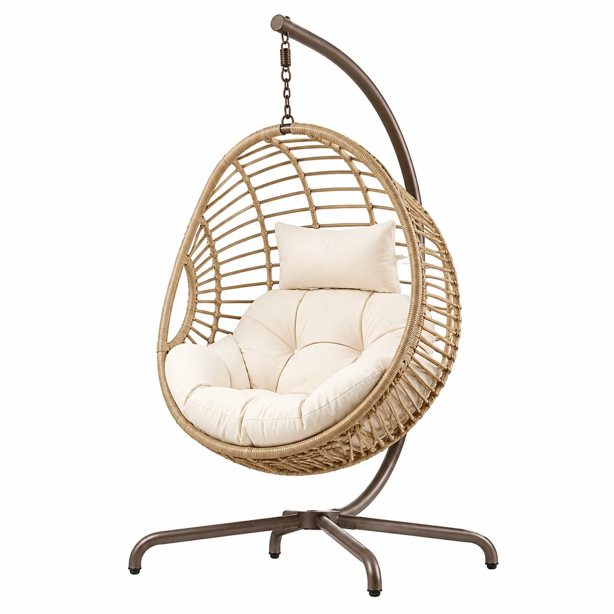 Fauteuil suspendu en rotin beige Tornavik avec support en métal, style bohème, dimensions 120x105x195 cm.