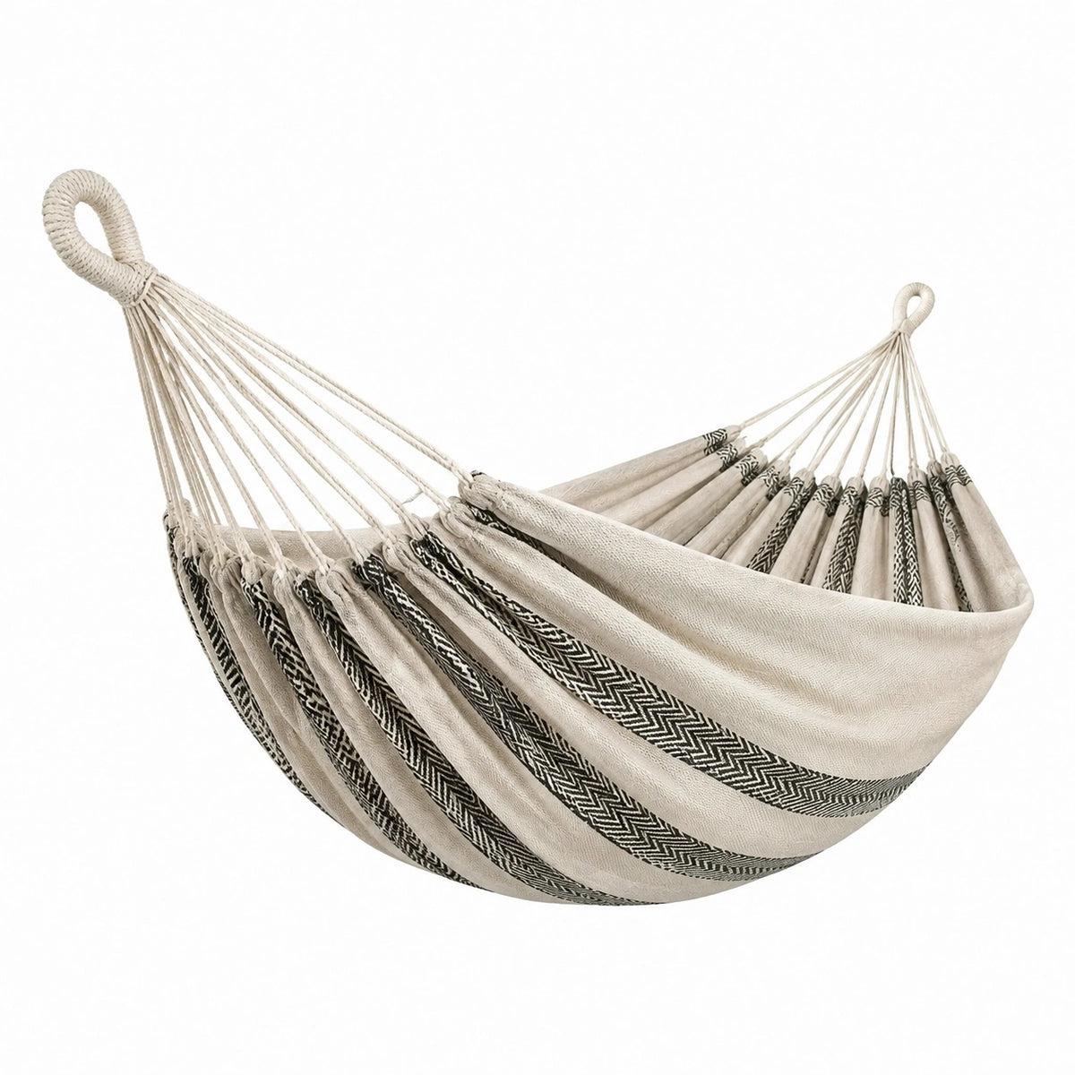 Hamac en coton écru et noir à rayures, style bohème, dimensions 200 x 150 cm, par Tornavik.