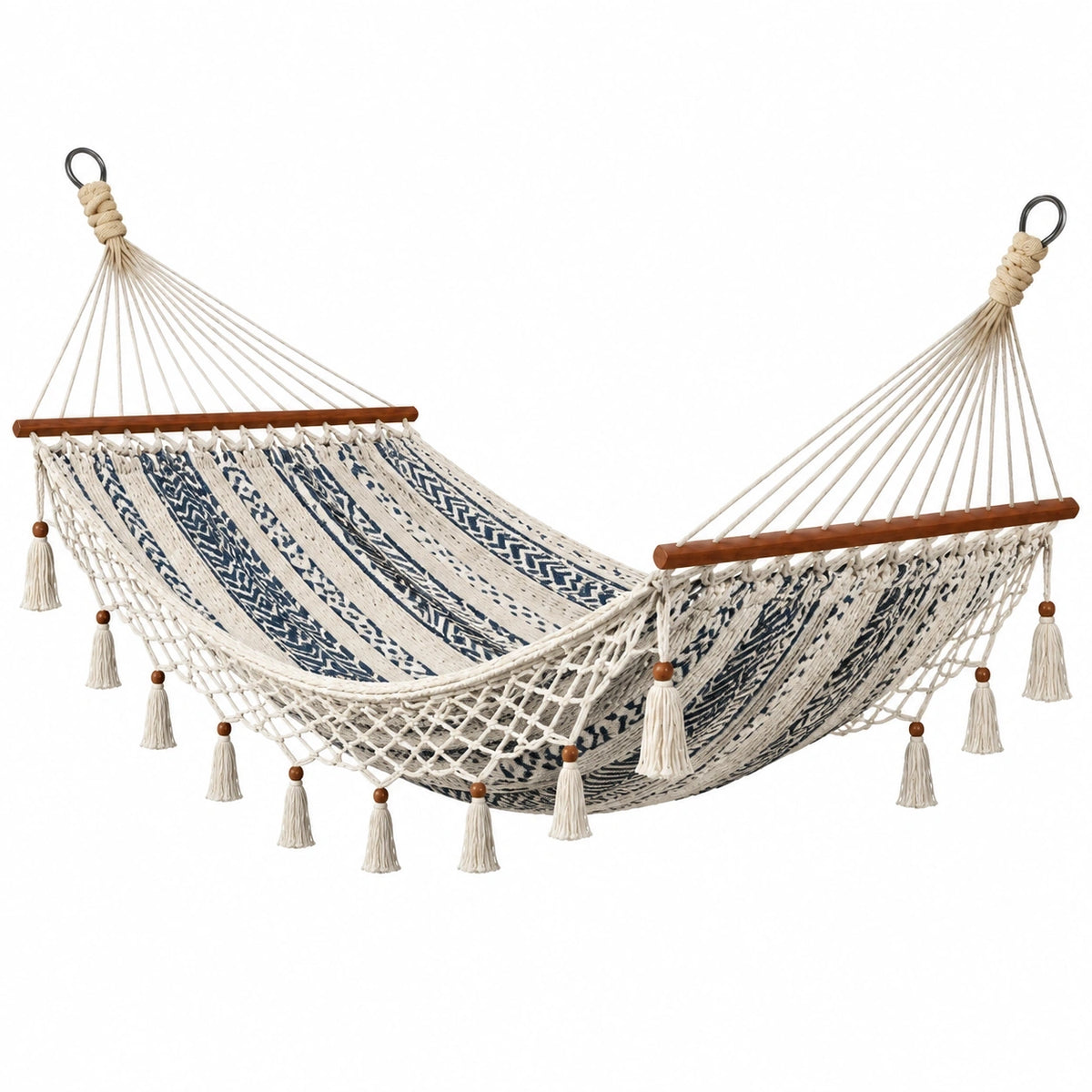 Hamac en coton écru et bleu avec barres en bois, style bohème, suspendu, dimensions 200x150 cm, par Tornavik