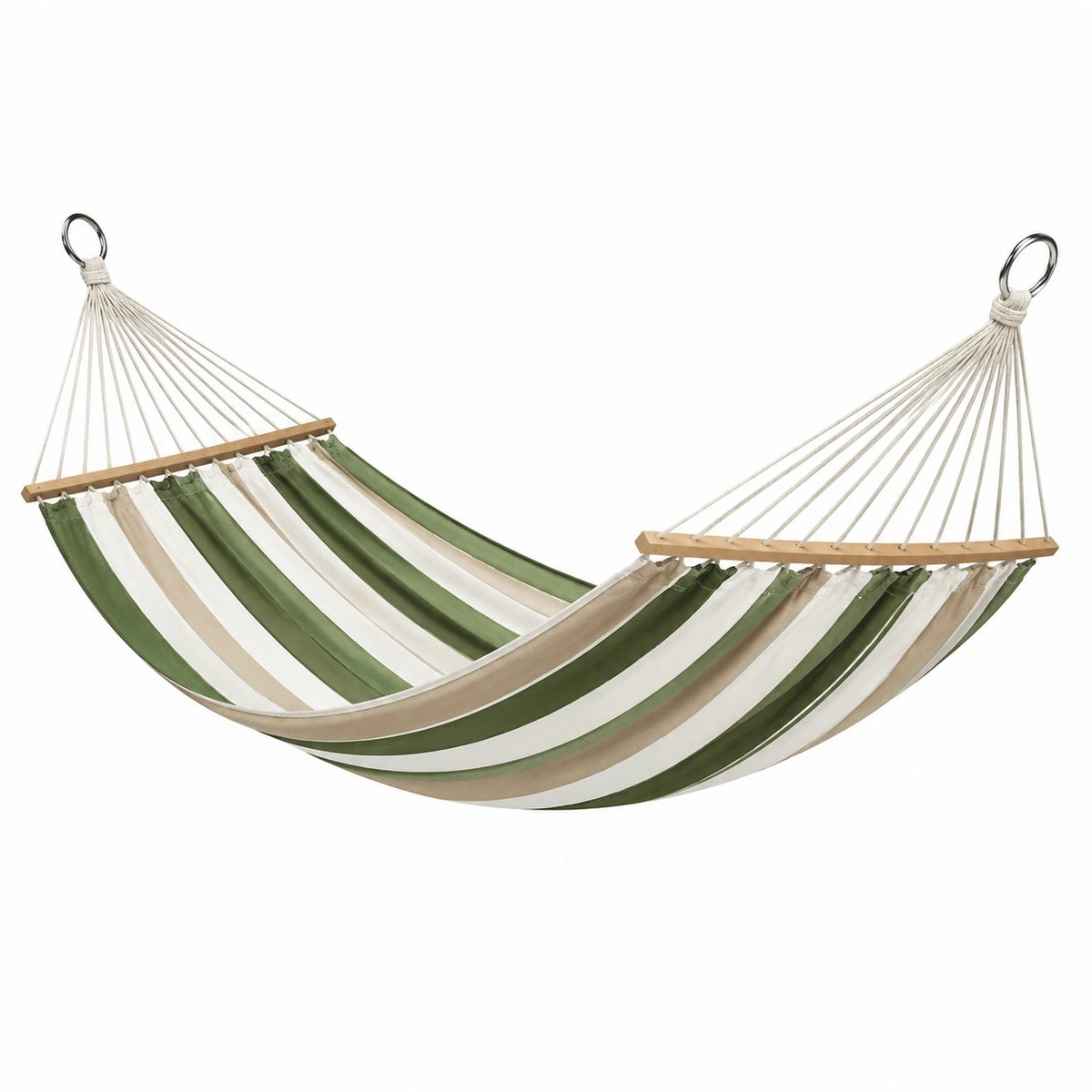 Hamac en coton rayé vert, blanc et beige avec barres en bois, dimensions 320 x 150 cm, pour jardin, style décontracté.