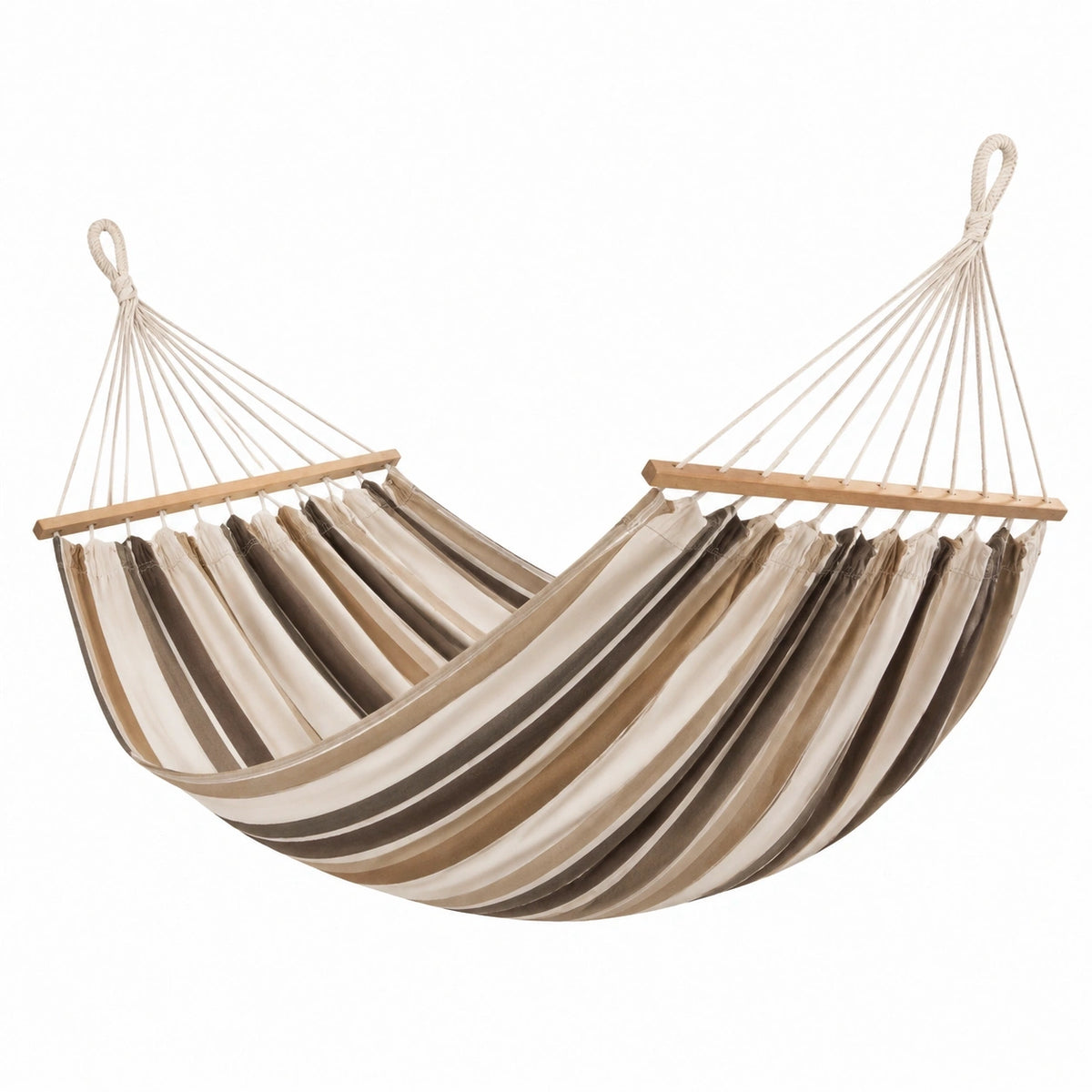Hamac en tissu rayé beige et marron avec barres en bois, suspendu, dimensions 200 x 100 cm, marque Tornavik.
