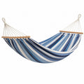 Hamac Tornavik en coton bleu blanc avec barres en bois, dimensions 300 x 120 cm, pour jardin et détente extérieure.