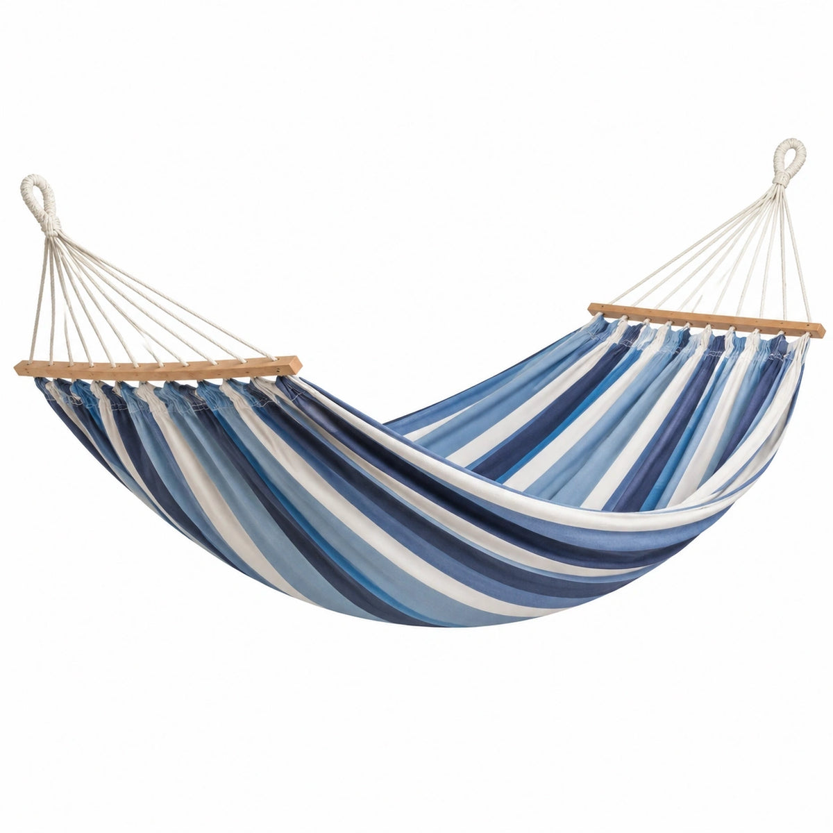 Hamac Tornavik en coton bleu blanc avec barres en bois, dimensions 300 x 120 cm, pour jardin et détente extérieure.